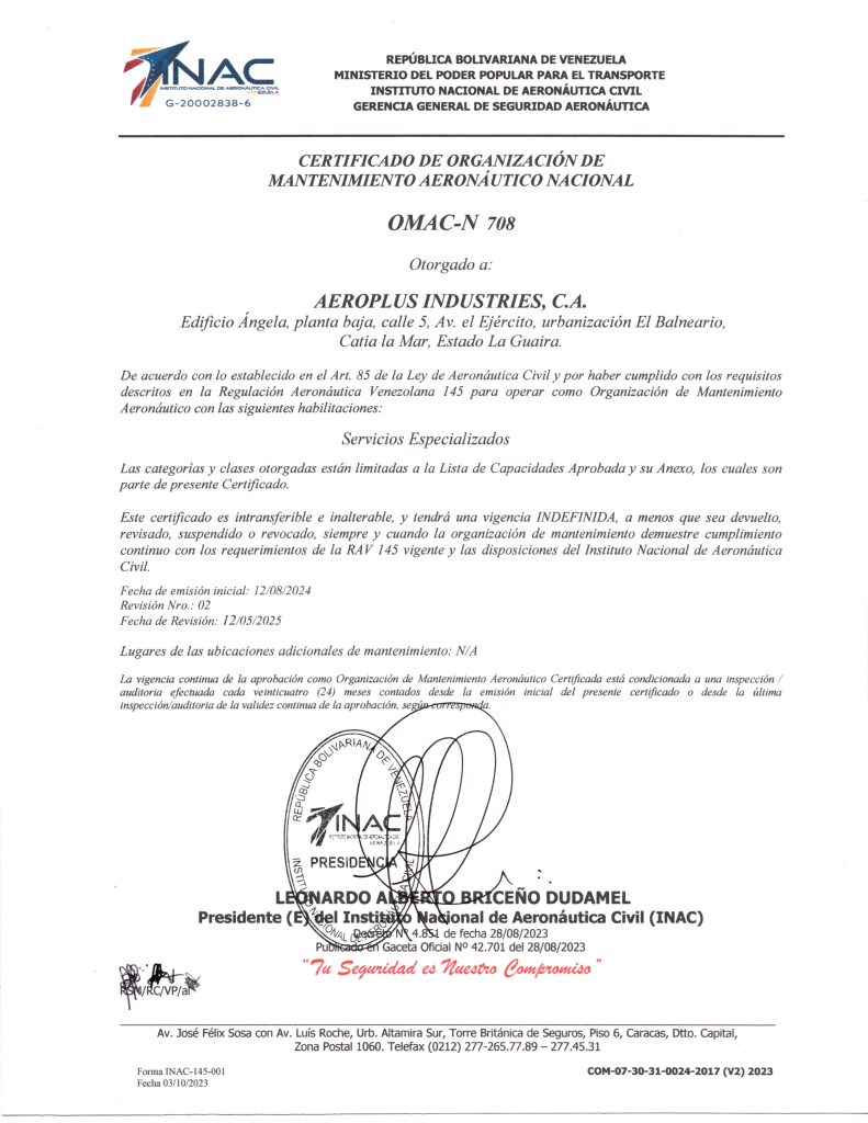 Certificado de Organización de Mantenimiento Aeronáutico Nacional
