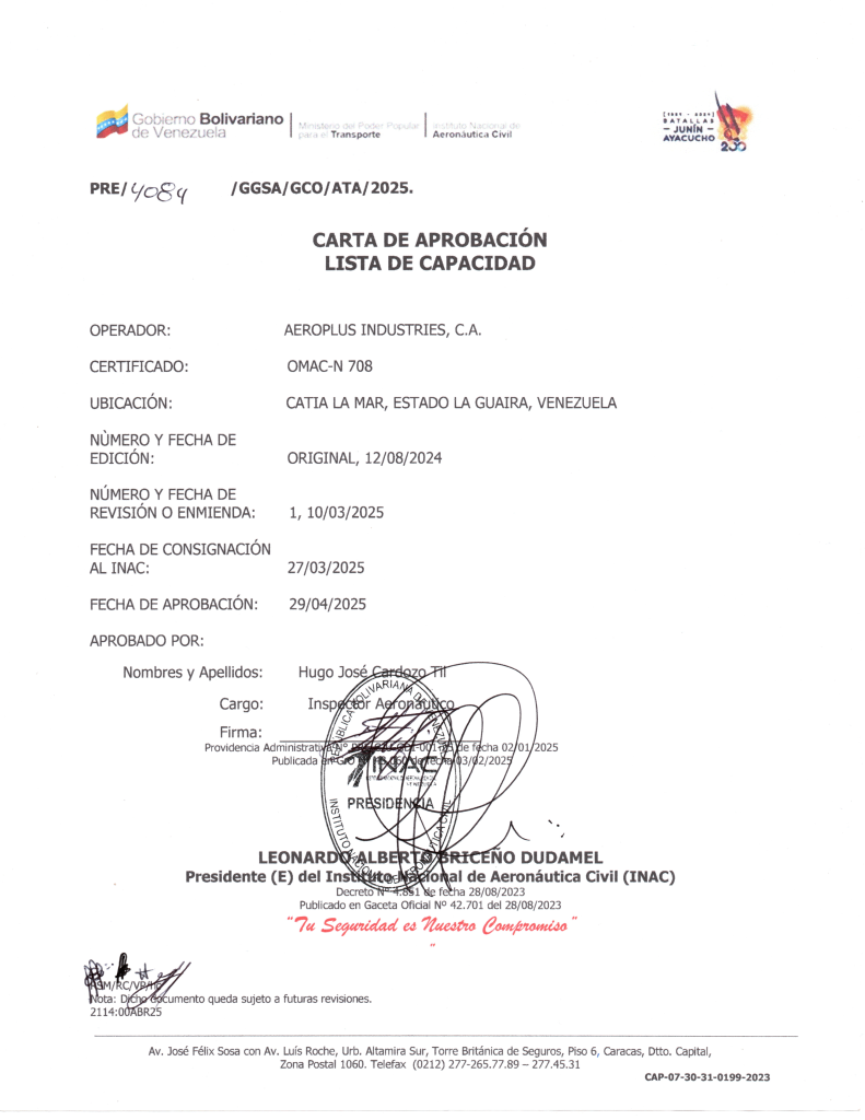Carta de Aprobación de Lista de Capacidad