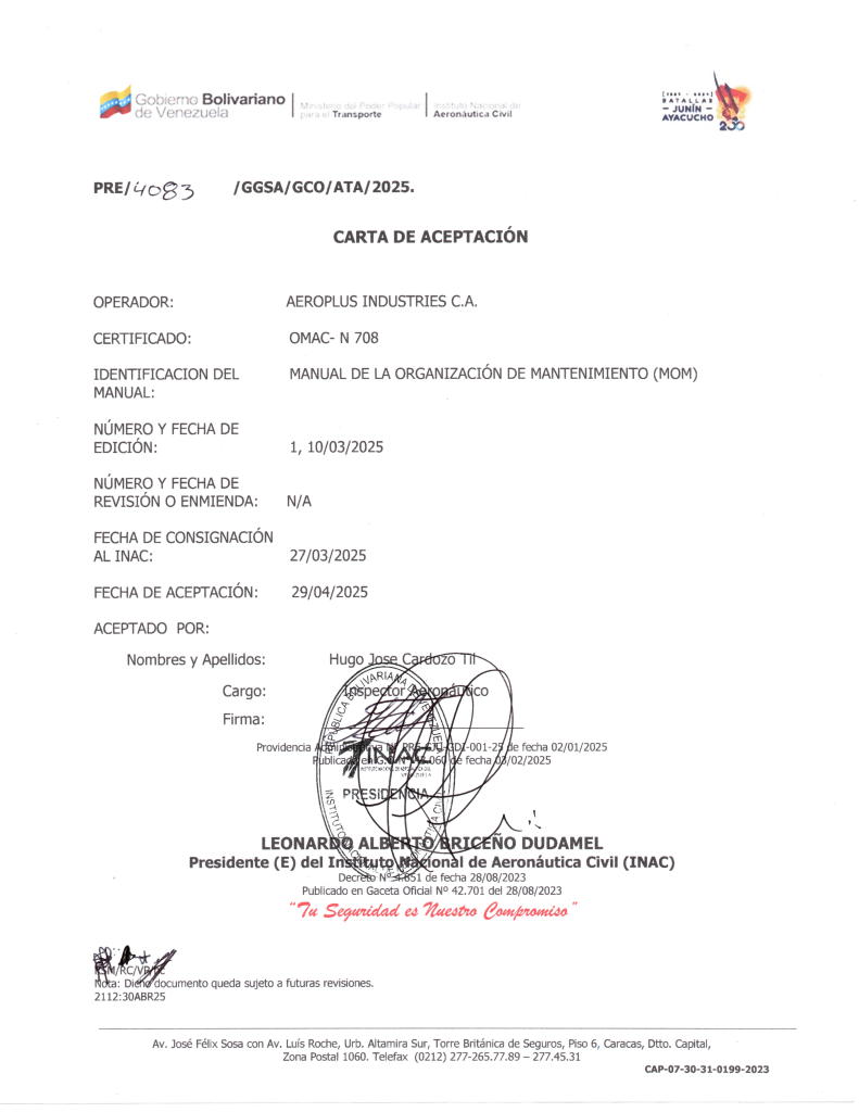 Carta de Aceptación del Manual de la Organización de Mantenimiento